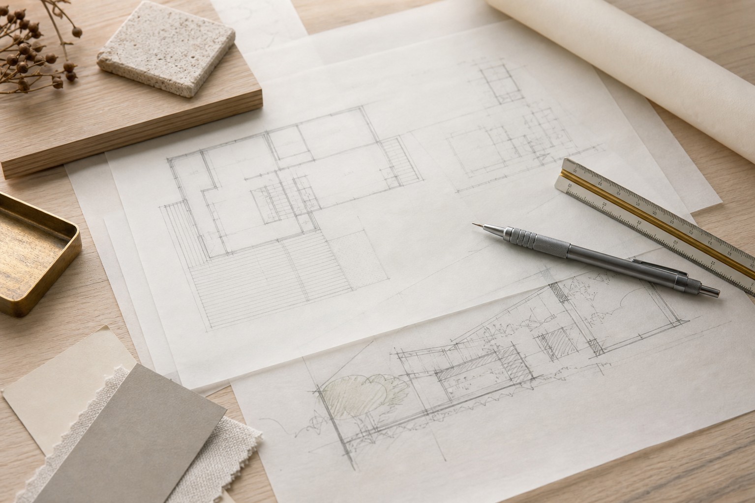 Architectural sketches and plans on a desk